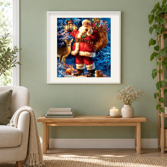 Weihnachtsmann verteilt Weihnachtsgeschenke als gerahmtes Diamond Painting im Wohnzimmer