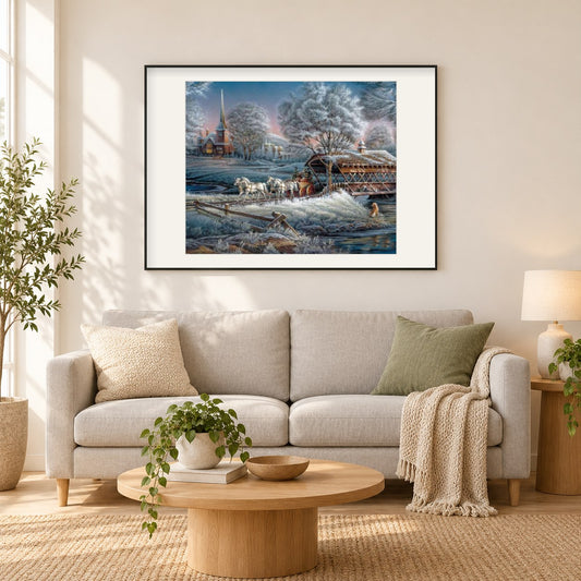 Weiße Bäume & Pferdewagen als gerahmtes Diamond Painting im Wohnzimmer