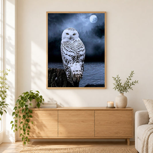 Weiße Eule schaut nacht als gerahmtes Diamond Painting im Wohnzimmer