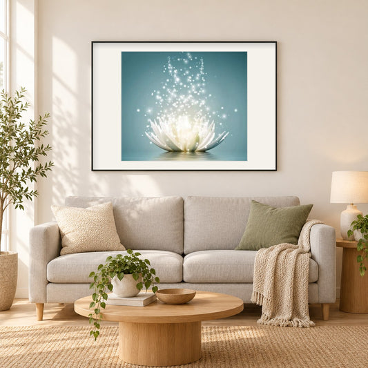 Weiße Lotuskunst als gerahmtes Diamond Painting im Wohnzimmer