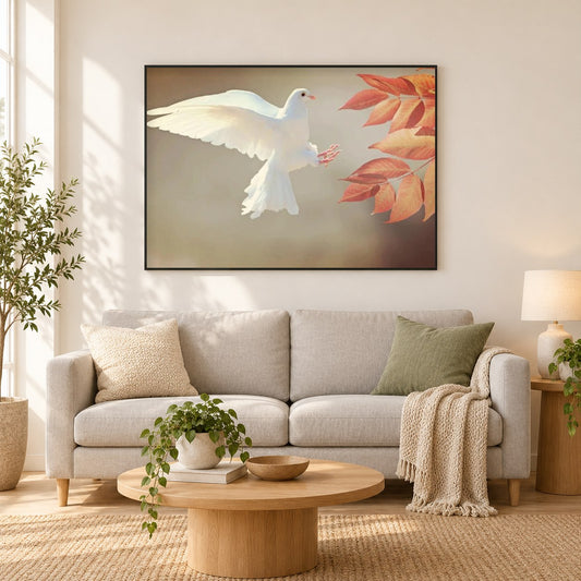 Weiße Taube & Herbstlaub als gerahmtes Diamond Painting im Wohnzimmer