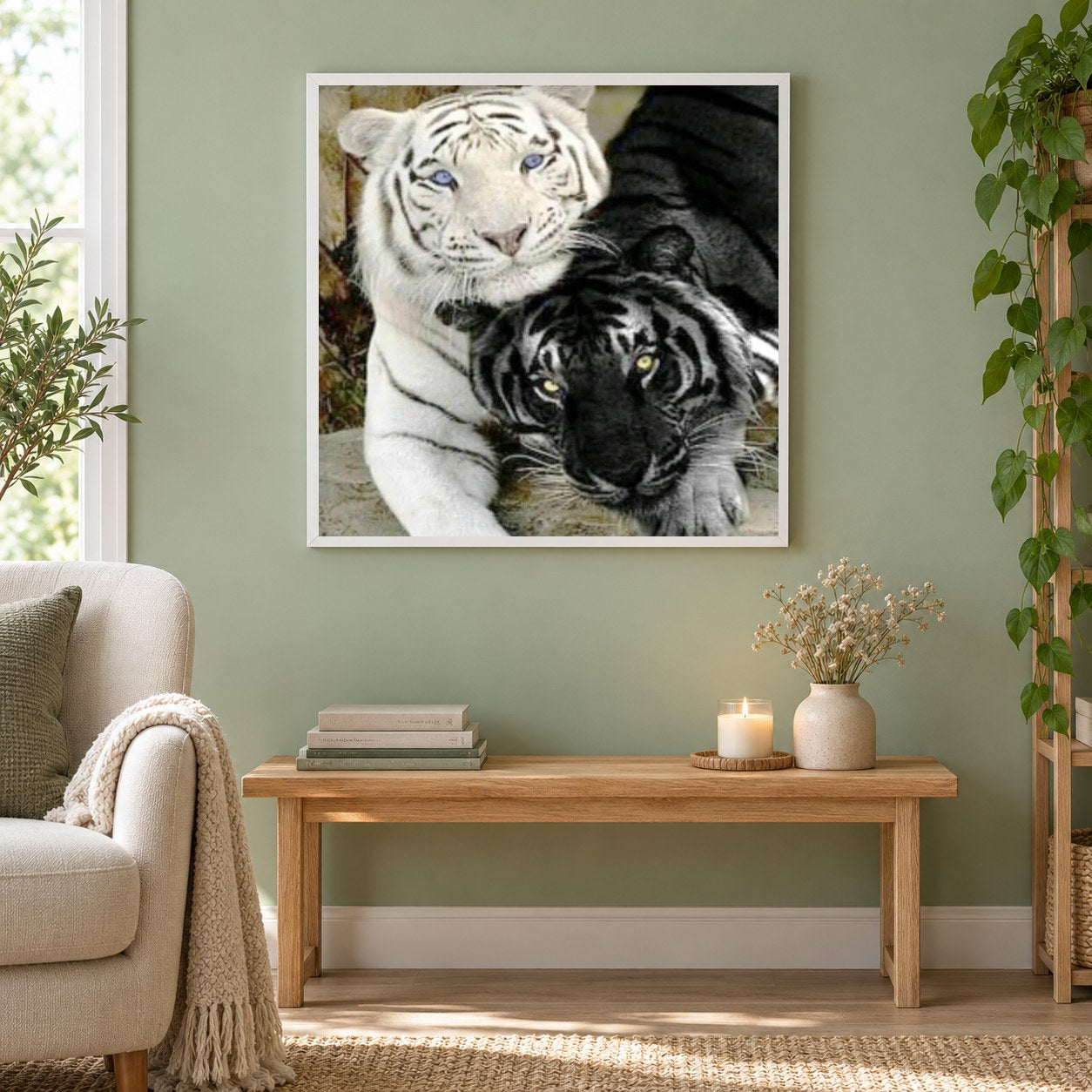 Weiße und schwarze Tiger als gerahmtes Diamond Painting im Wohnzimmer