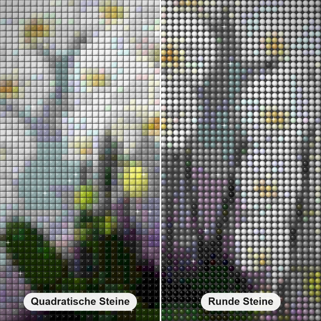 weißen Orchideen Diamond Painting Nahaufnahme mit quadratischen und runden Steinen