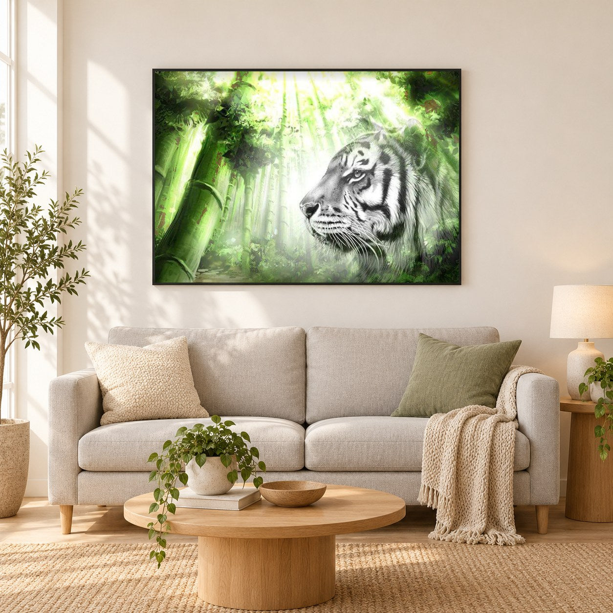 Weißer Tiger & grüner Wald als gerahmtes Diamond Painting im Wohnzimmer