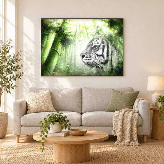 Weißer Tiger & grüner Wald als gerahmtes Diamond Painting im Wohnzimmer
