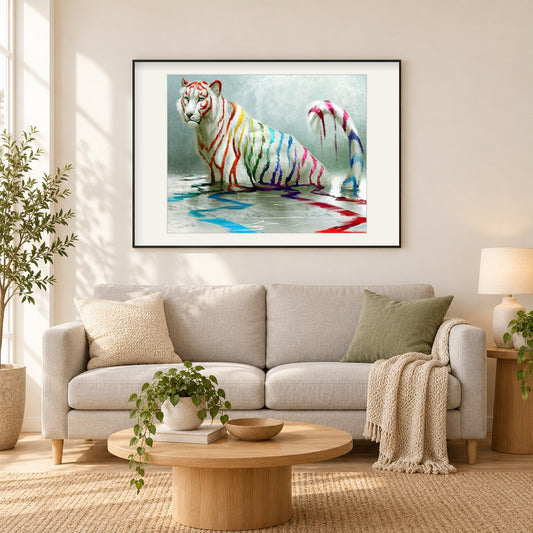 Weißer Tiger in bunten Farben als gerahmtes Diamond Painting im Wohnzimmer