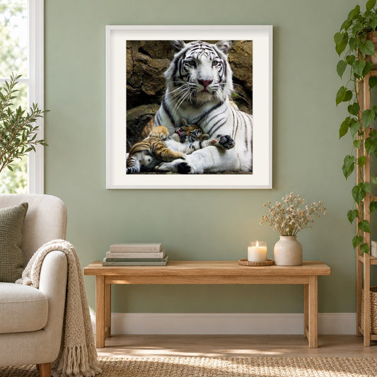 Weißer Tiger mit Jungtier als gerahmtes Diamond Painting im Wohnzimmer