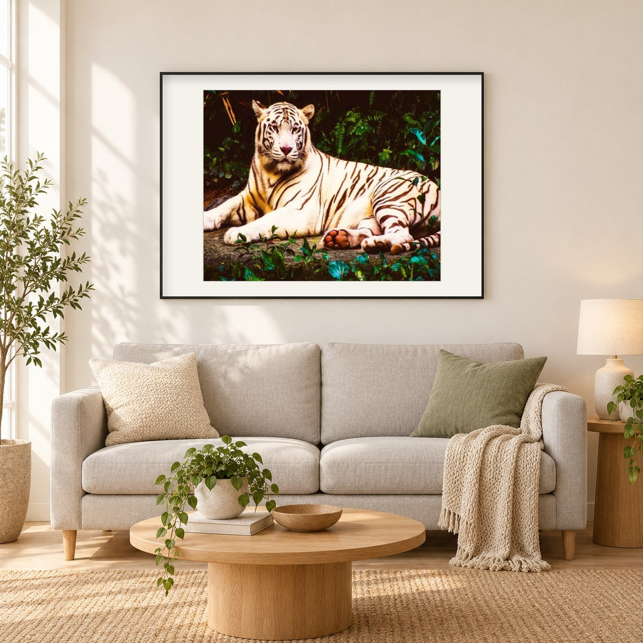 Weißes Tier als gerahmtes Diamond Painting im Wohnzimmer
