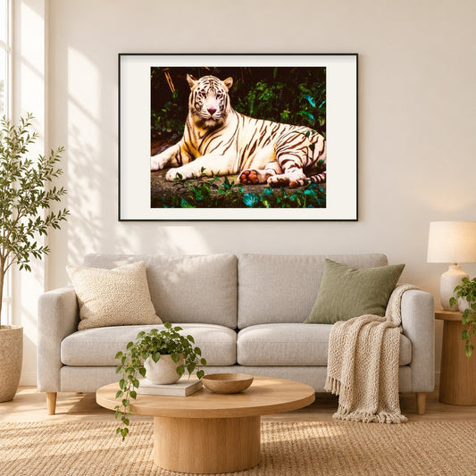 Weißes Tier als gerahmtes Diamond Painting im Wohnzimmer