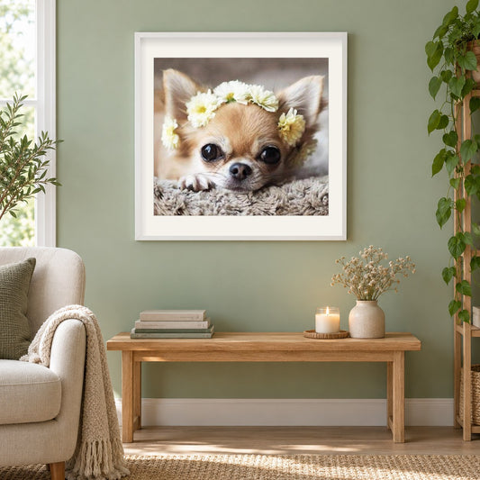 Welpe mit Blumenkrone als gerahmtes Diamond Painting im Wohnzimmer