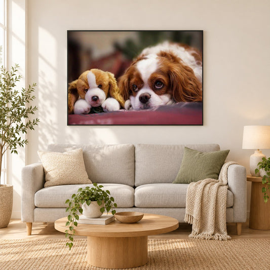 Welpe mit einem  Spielzeug als gerahmtes Diamond Painting im Wohnzimmer