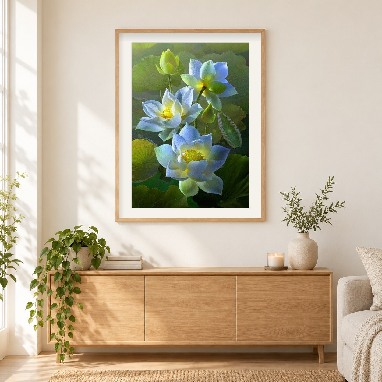 White Lotus Flowers Mal-Kit als gerahmtes Diamond Painting im Wohnzimmer