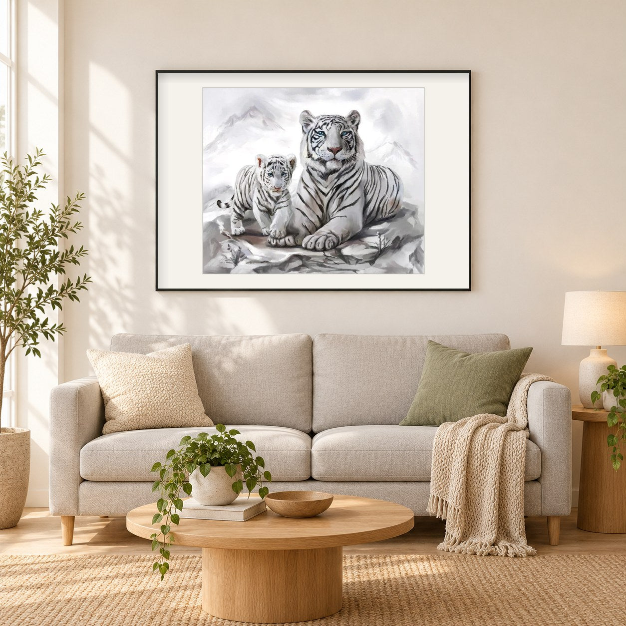 White Tiger & Cub Painting als gerahmtes Diamond Painting im Wohnzimmer