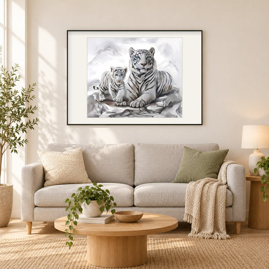 White Tiger & Cub Painting als gerahmtes Diamond Painting im Wohnzimmer