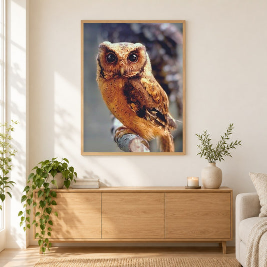 Wilde Eule als gerahmtes Diamond Painting im Wohnzimmer