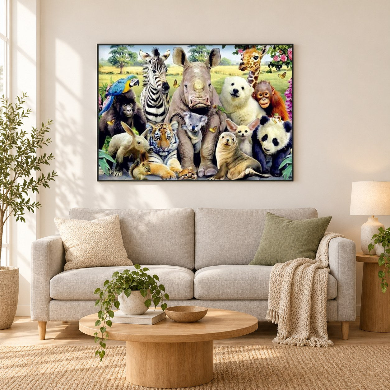 Wilde Tiere als gerahmtes Diamond Painting im Wohnzimmer