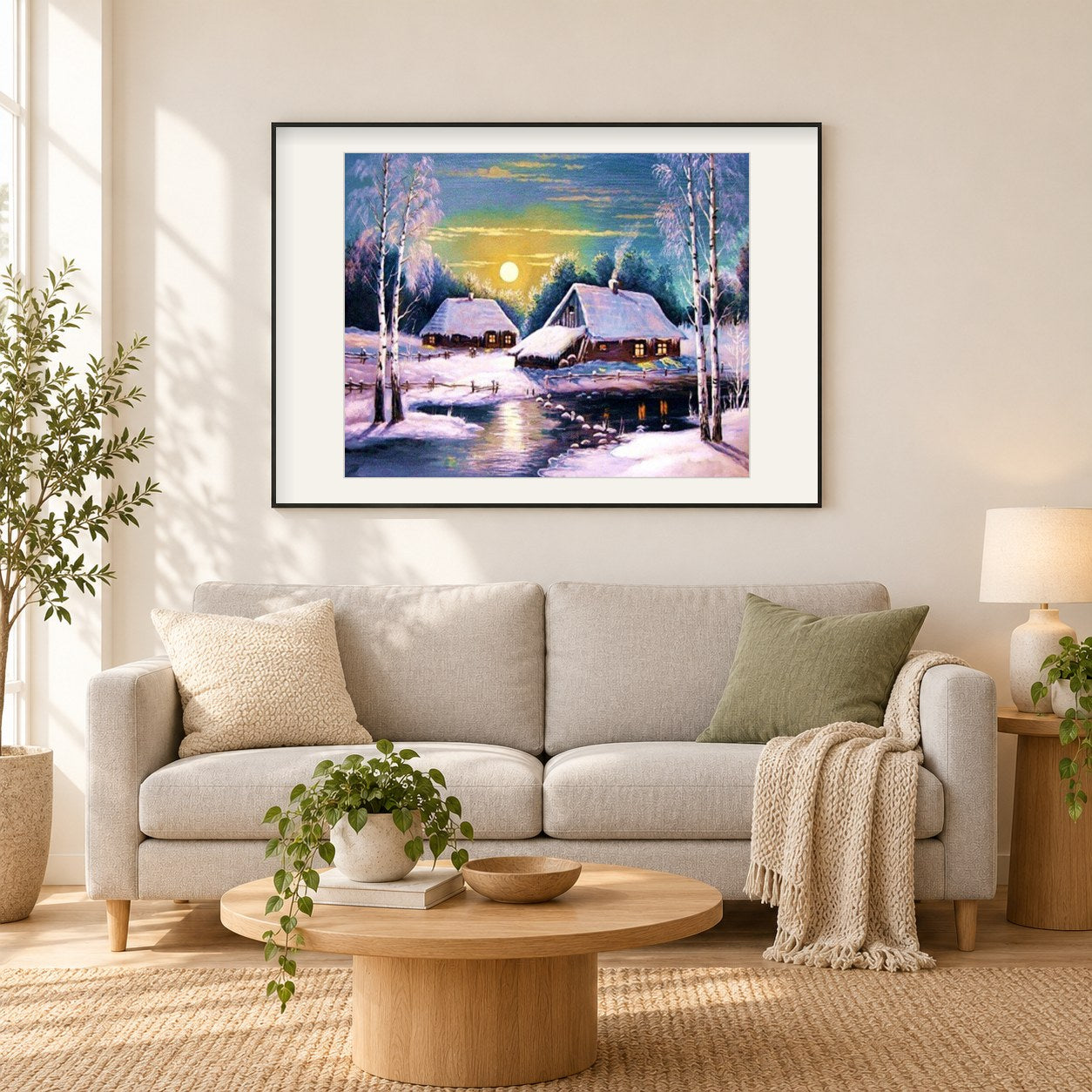 Winter Sonnenuntergang Landschaft als gerahmtes Diamond Painting im Wohnzimmer