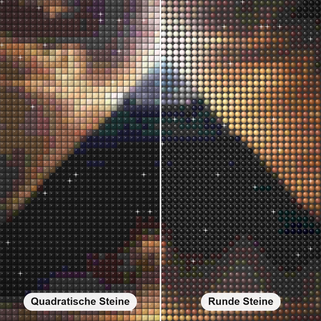 Welt der Pyramiden Diamond Painting Nahaufnahme mit quadratischen und runden Steinen