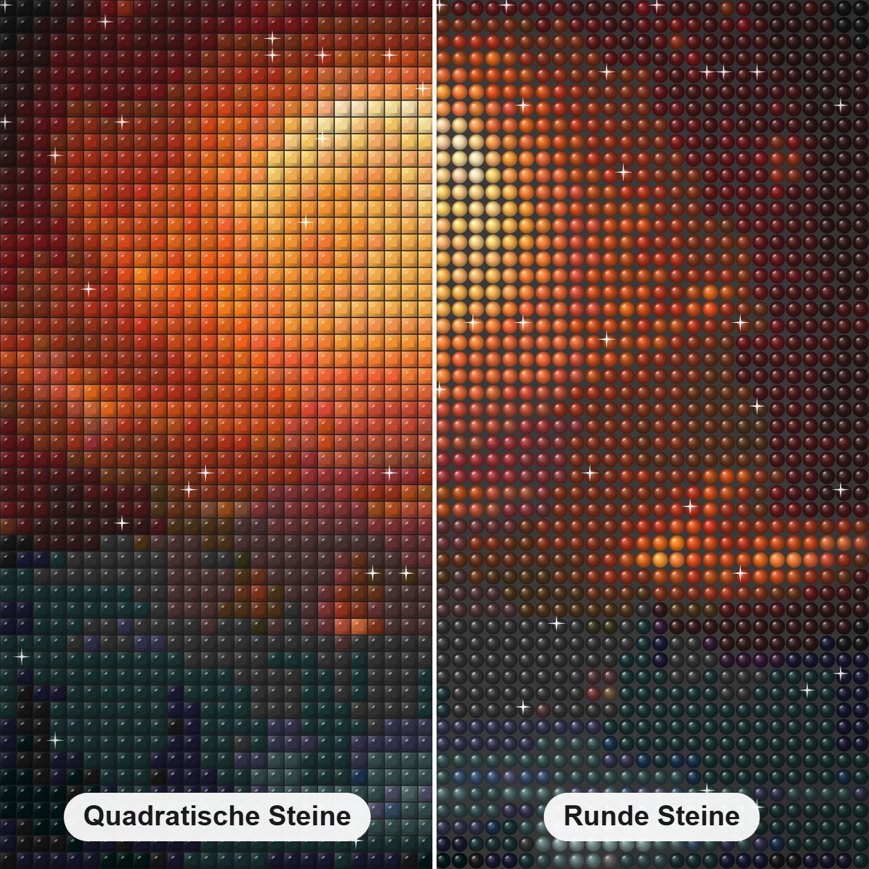 World on Fire Diamond Painting Nahaufnahme mit quadratischen und runden Steinen