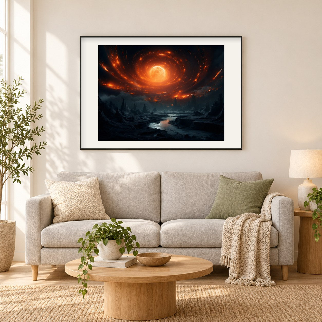 World on Fire als gerahmtes Diamond Painting im Wohnzimmer