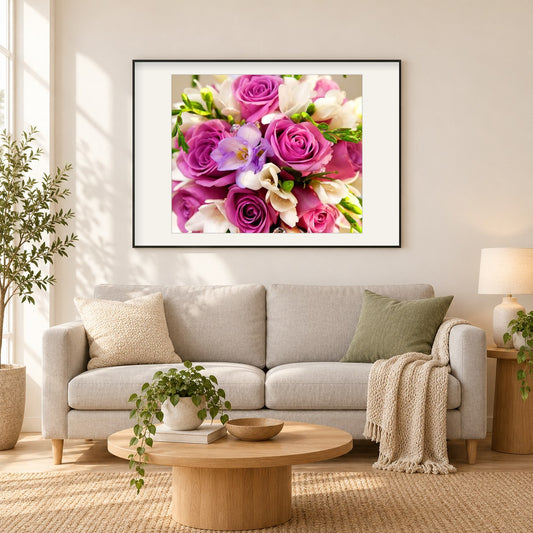 Wunderschöne Blumen als gerahmtes Diamond Painting im Wohnzimmer