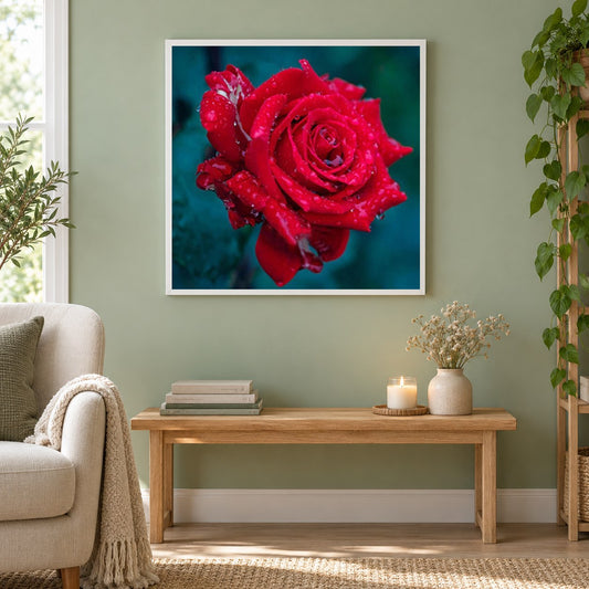 Wunderschöne Rose mit Tautropfen als gerahmtes Diamond Painting im Wohnzimmer