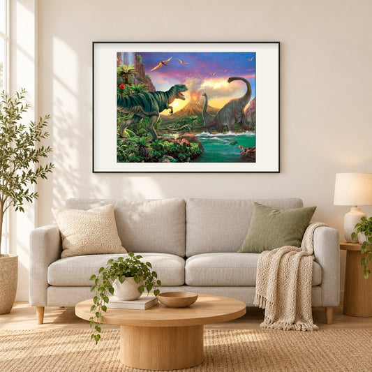 Wütende Dinosaurier als gerahmtes Diamond Painting im Wohnzimmer
