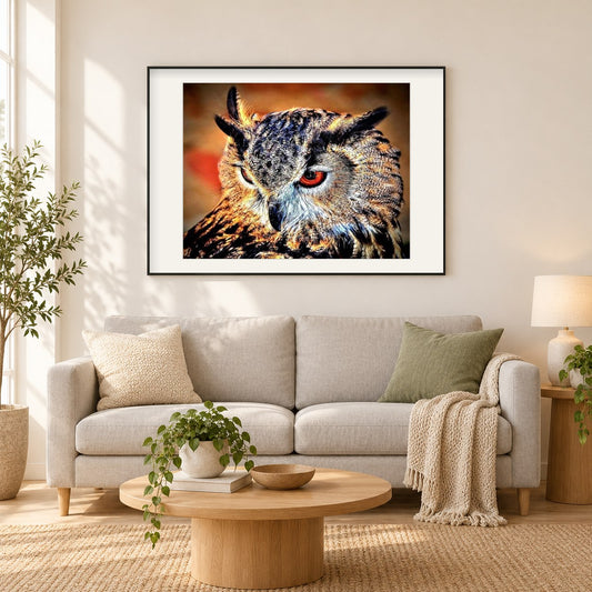 Wütende Eule als gerahmtes Diamond Painting im Wohnzimmer