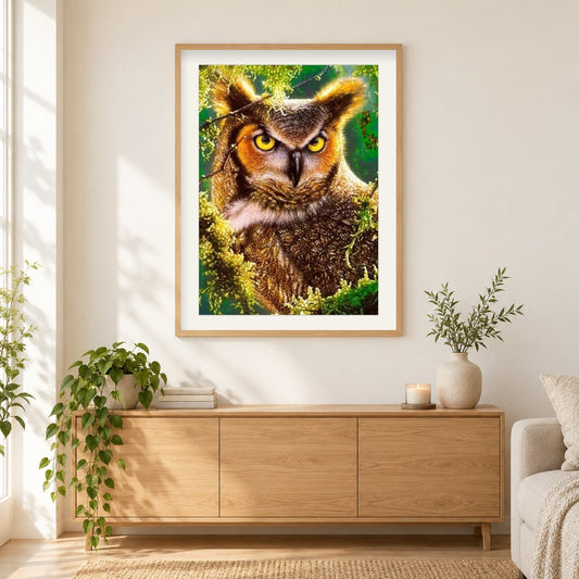 Wütende gehörnte Eule als gerahmtes Diamond Painting im Wohnzimmer