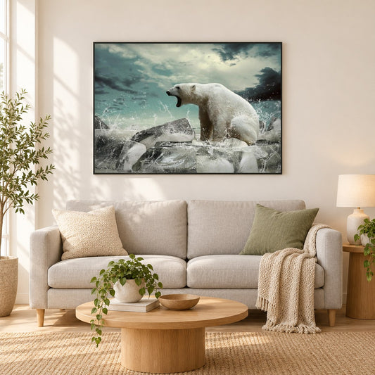 Wütender Eisbär als gerahmtes Diamond Painting im Wohnzimmer