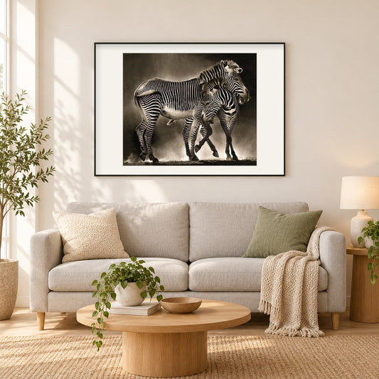 Zebras umarmen sich als gerahmtes Diamond Painting im Wohnzimmer