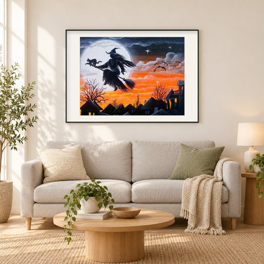 Zigeuner Hexe als gerahmtes Diamond Painting im Wohnzimmer