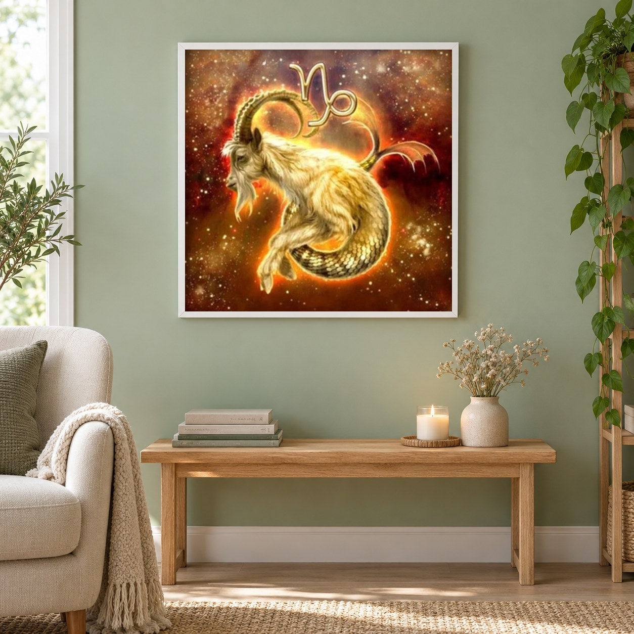 Zodiac Capricorn als gerahmtes Diamond Painting im Wohnzimmer