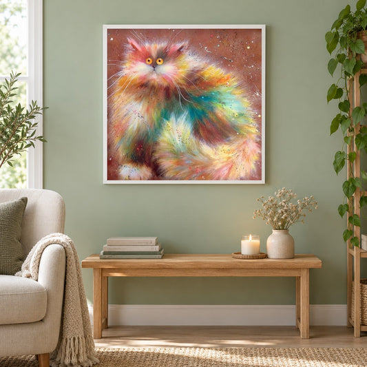 Zottelige Comic Katze als gerahmtes Diamond Painting im Wohnzimmer