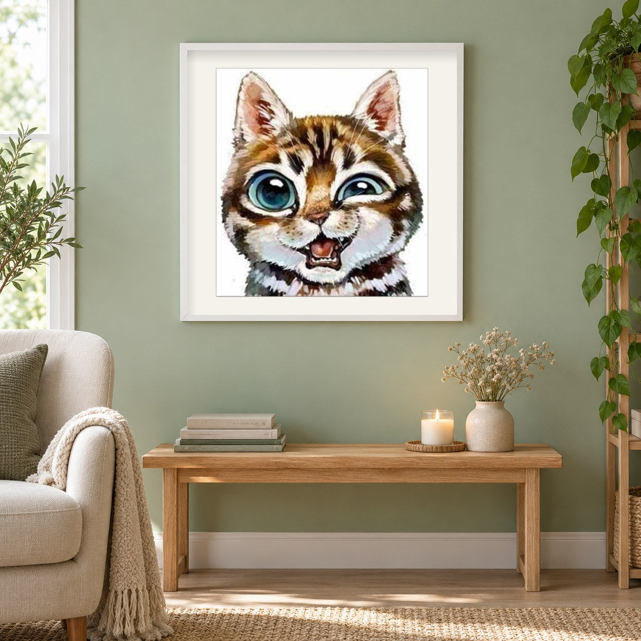 Zwinkernde Katze als gerahmtes Diamond Painting im Wohnzimmer