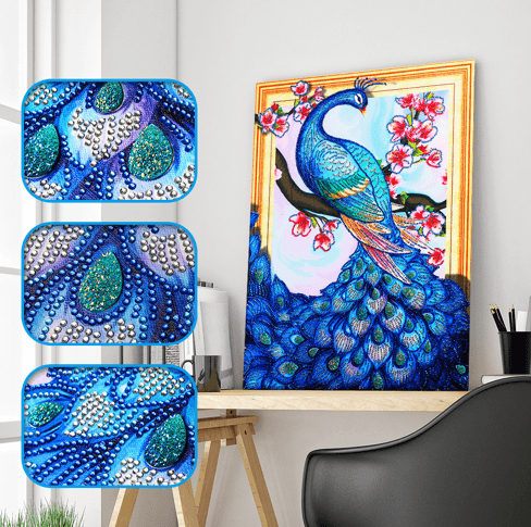 Wunderschöner blauer Pfau - Diamant-Gemälde in Sonderform - Diamond Painting