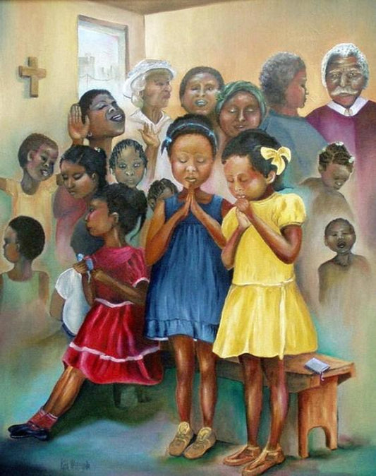 Afrikanische Kinder, die in der Kirche beten - Diamond Painting