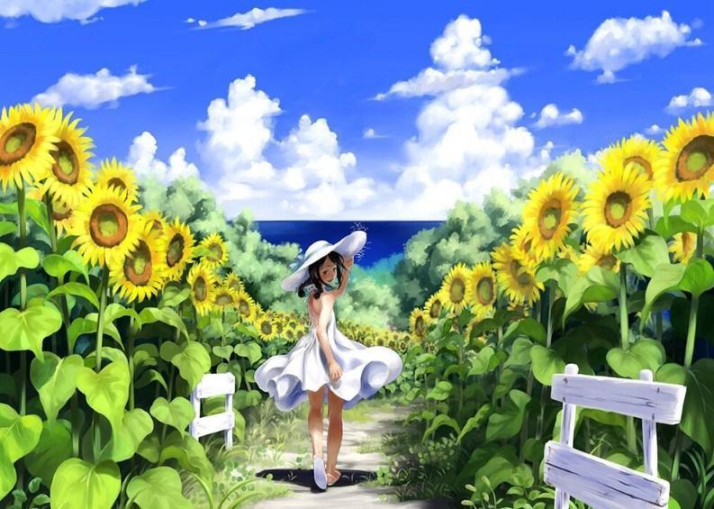 Anime Mädchen im Sonnenblumenfeld - Diamond Painting