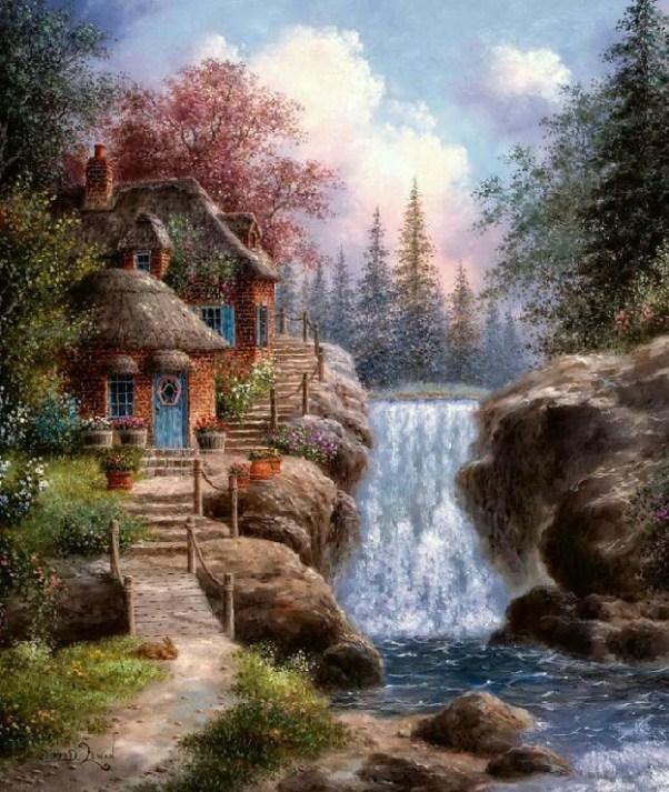 Schönes Haus am Wasserfall - Diamond Painting