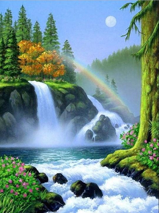 Schöner Regenbogen & Wasserfall - Diamond Painting
