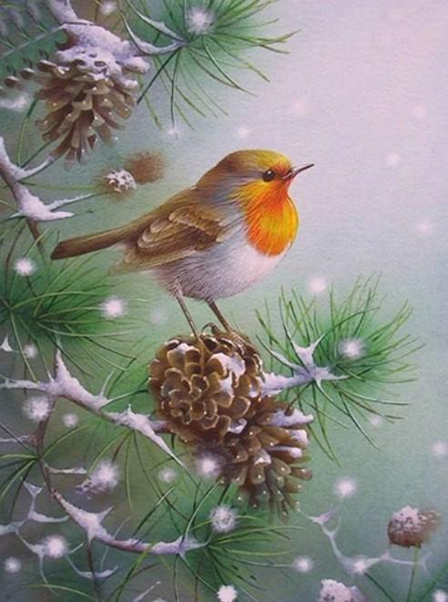Vogel sitzt auf Tannenzapfen - Diamond Painting