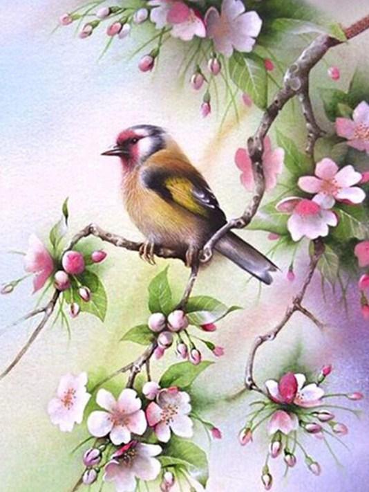 Vogel, der auf rosa Blumen Zweig sitzt - Diamond Painting