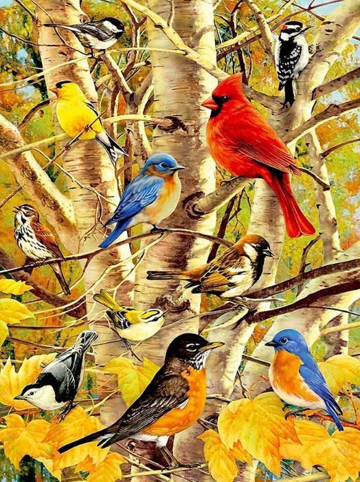 Vögel auf Herbstbaum - Farbe durch Diamanten - Diamond Painting