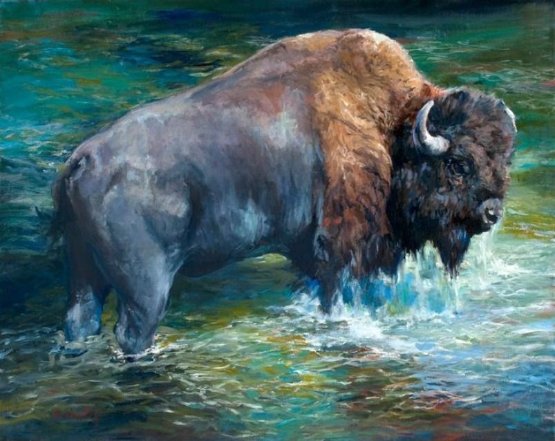 Bison in Wasser - Farbe von Diamanten - Diamond Painting