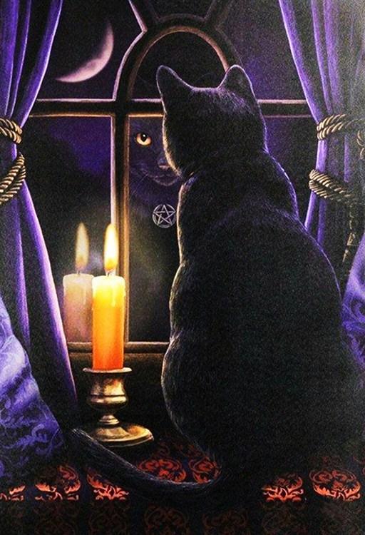 Schwarze Katze und Kerze im Fenster - Diamond Painting