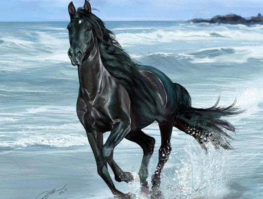 Schwarzes Pferd läuft im Wasser - Diamond Painting