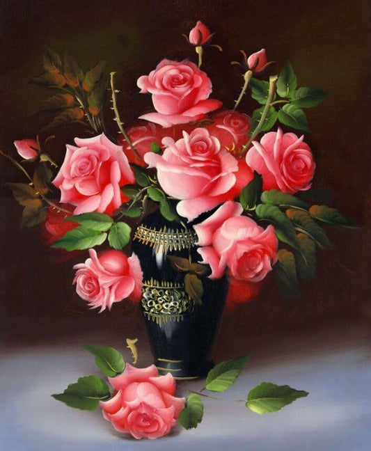 Schwarze Vase & rosa Rosen - Diamond Painting