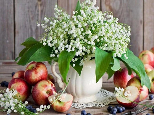 Blaubeeren, Äpfel & Blumenvase - Diamond Painting