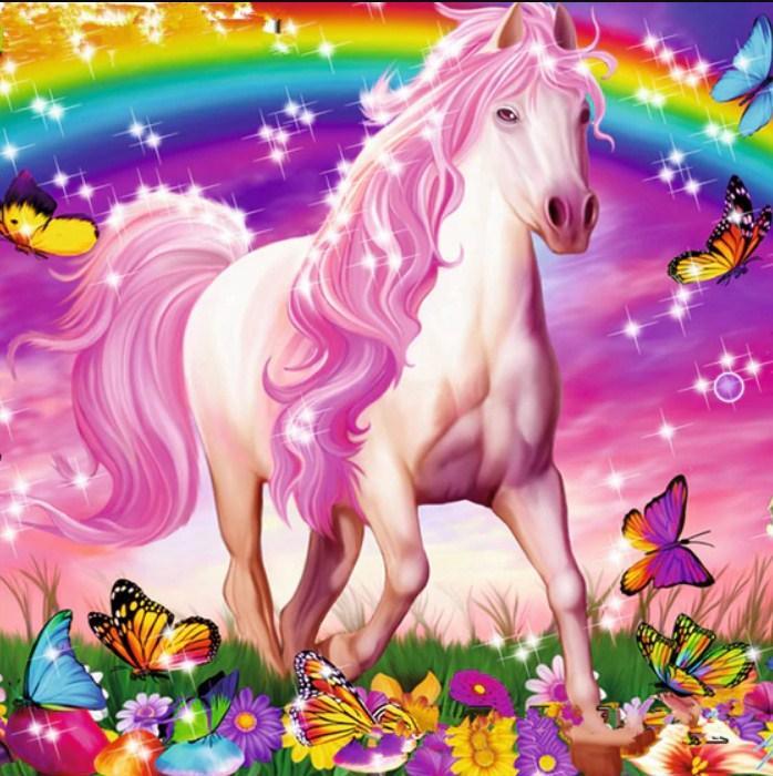 Schmetterlinge & Fantasy Pferd mit Regenbogen Hintergrund - Diamond Painting
