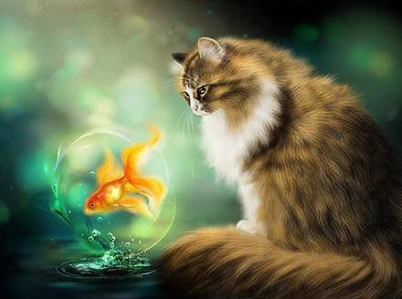 Katzen- und Goldfisch Malerei - Diamond Painting